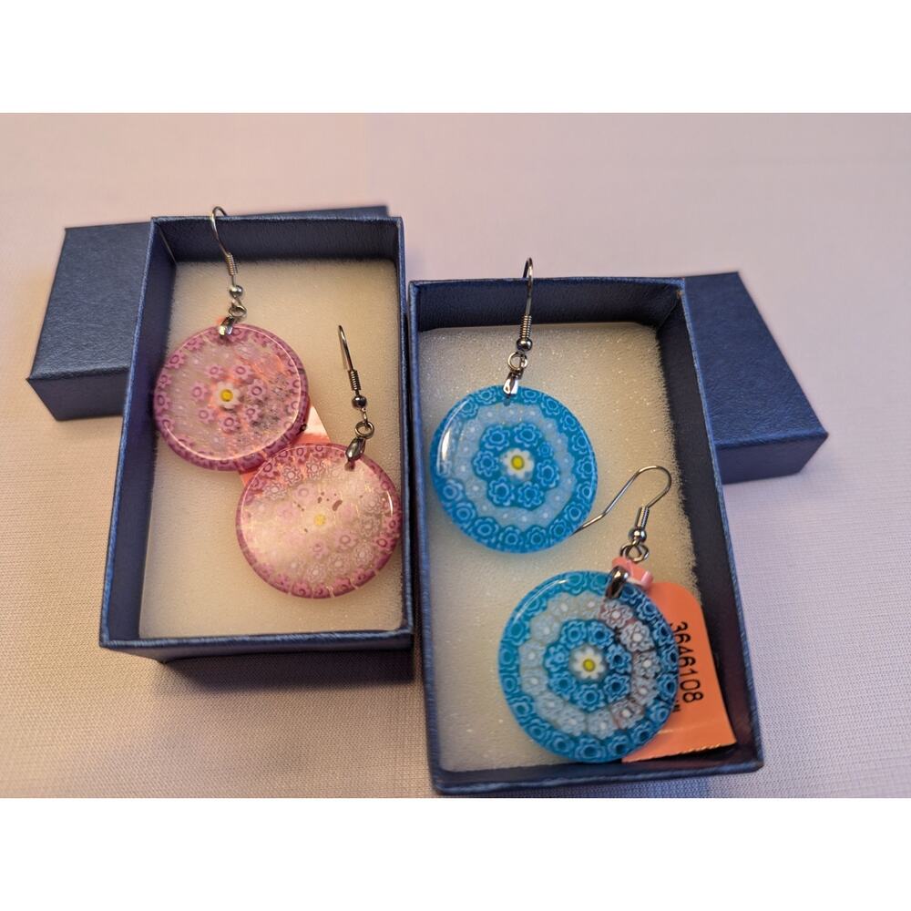 Murano Glass Dangle Earrings Stainless Hooks Floral Motif Two Pair Blue Pink